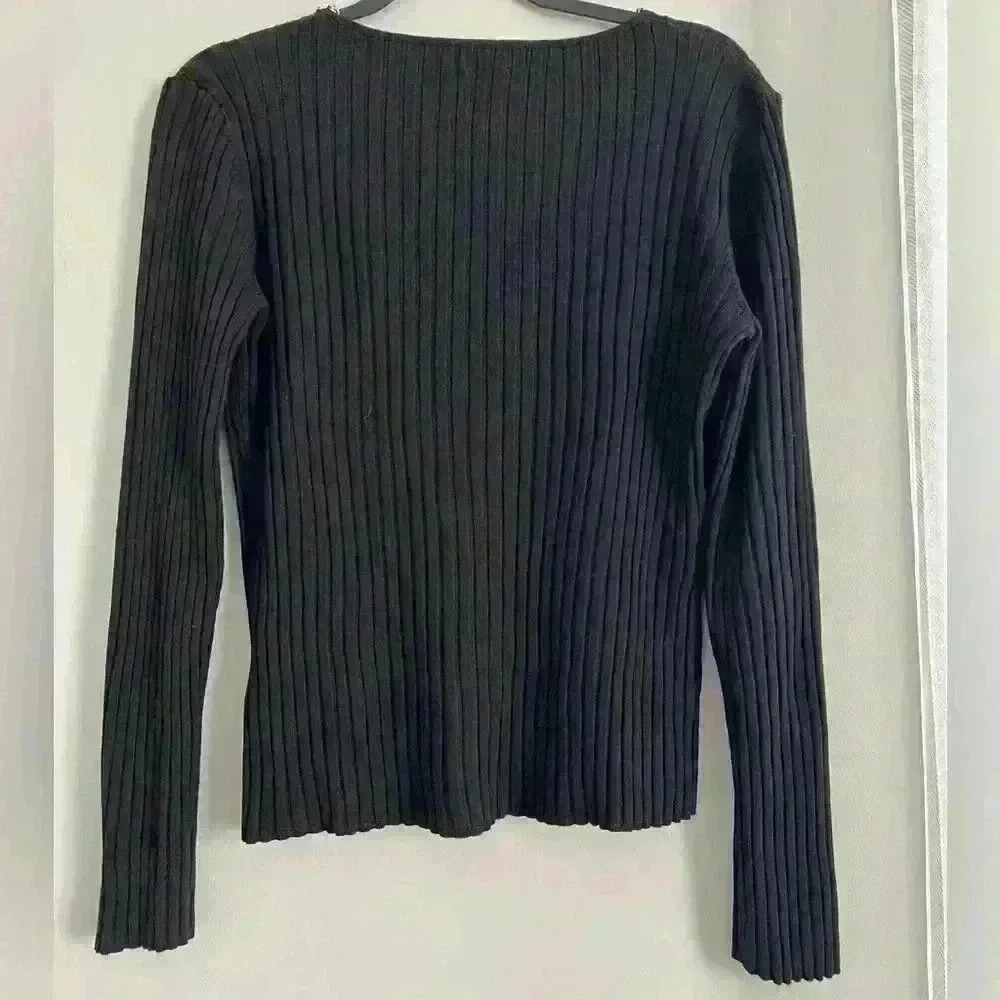 Carmen Marc Valvo Black Long Sleeve Chain Scoop Neck Ribbed Fit Top - Picture 4 of 4
